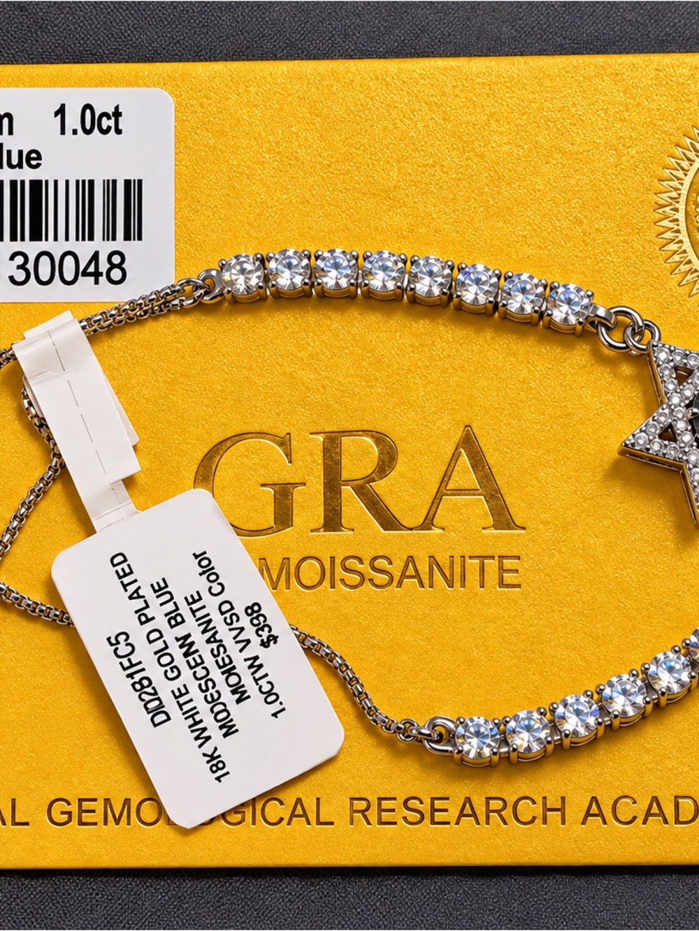 1 CT Rainbow Blue Moissanite Star of David Bracelet – 18K White Gold Plated